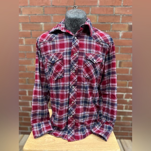 100% Cotton Pearl Snap Retro Wrangler Wrancher Red & Blue Plaid Shirt Size L - Picture 2 of 7
